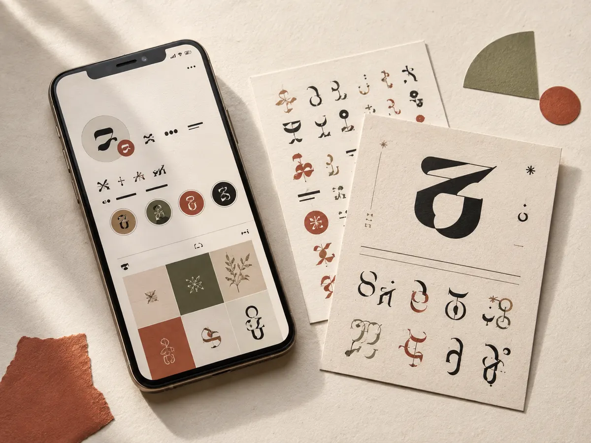 Teléfono y muestras editoriales con ejemplos artísticos de letras diferentes